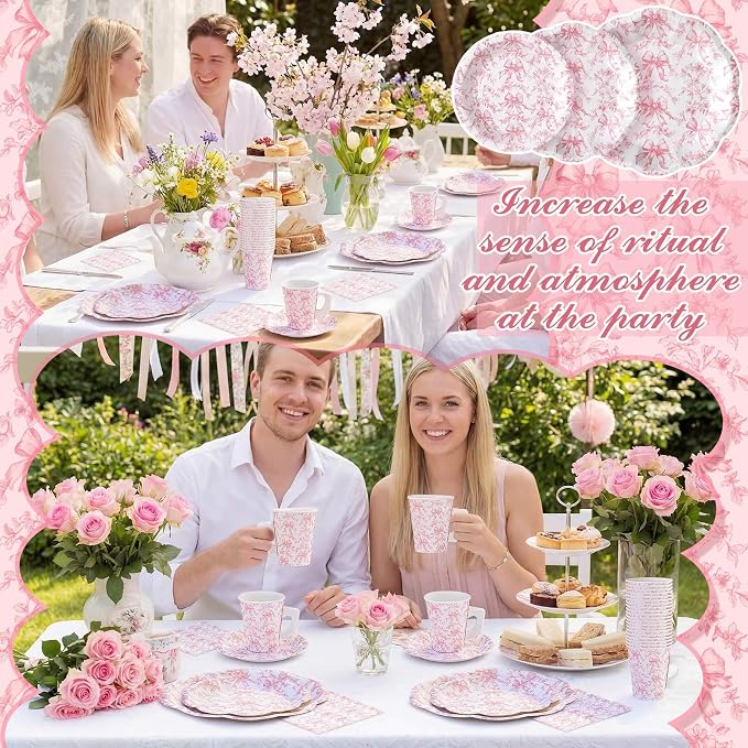 Pickmesh 252 Pcs Pink Bow Floral Tea Party Supplies for 36 Guests Flower Paper Disposable Dinnerware Flower Teacup with Handle and Saucers Set for Tea Party Decorations Birthday Baby Shower Wedding