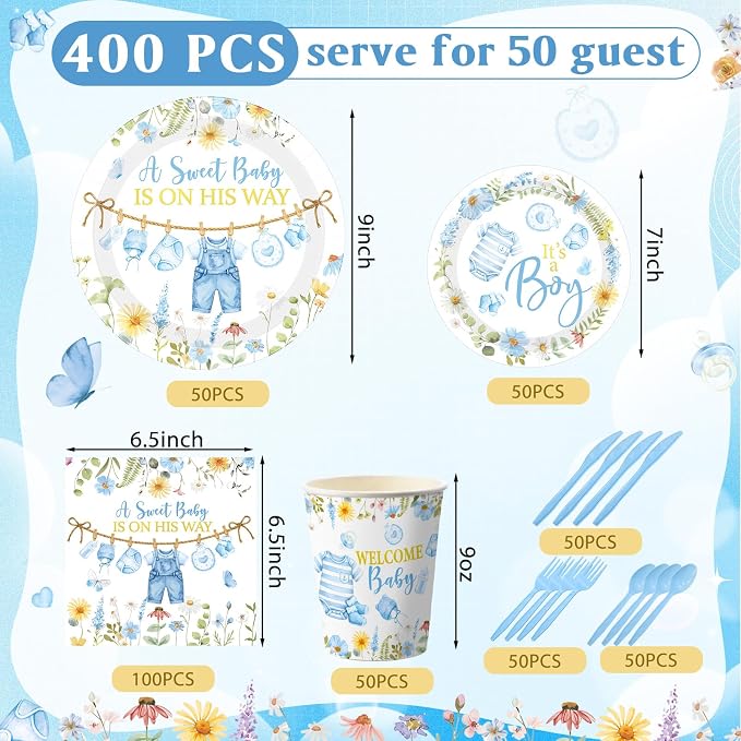 400 Pcs Blue Wildflower Boy Baby Shower Party Decoration for 50, a Sweet Baby Is on His Way Floral Paper Plates Napkins and Cups Cutlery Tableware Set for Boy Shower Party Supplies