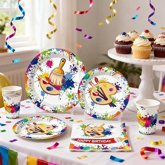 354pcs Paint Party Decorations for Kids and Art Lovers, Convenient Disposable Paper Tableware Set Includes 350gsm Plates and 2 PE Plastic Tablecloths for Paint Party and Celebration