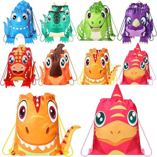 Hillban 16 Pcs Animal Drawstring Bags for Kids Party Favors Drawstring Backpack with Ear for Safari Birthday(Dinosaur Style)
