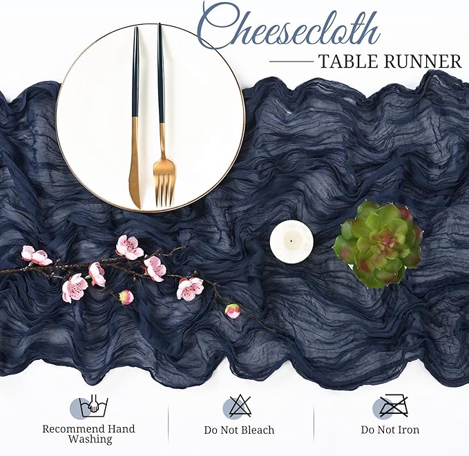Pesonlook 16 Pack Cheesecloth Table Runner, 10Ft Boho Gauze Table Runner 35×120 Inch Rustic Romantic Long Table Runner for Wedding Party Bridal Shower Thanksgiving Christmas Decoration(Navy Blue)