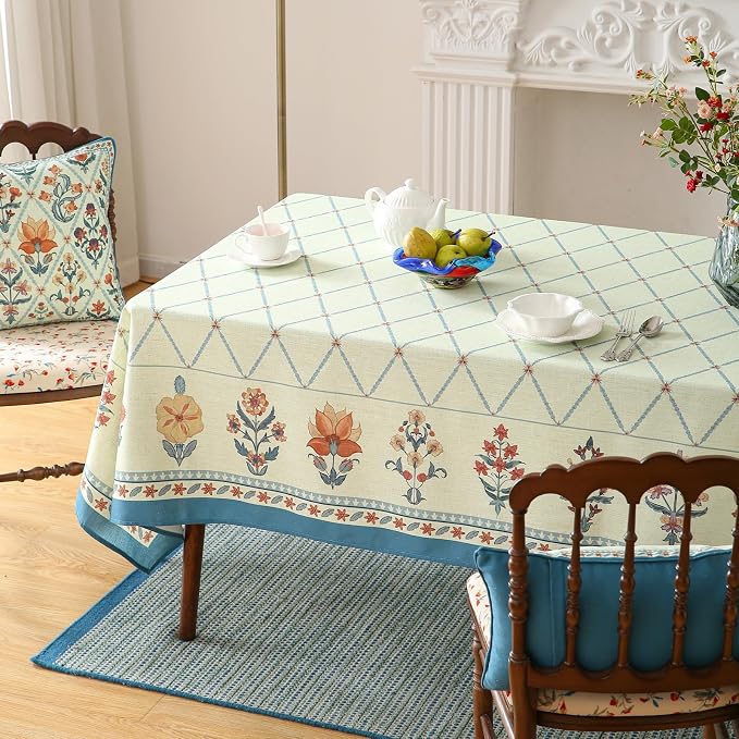 ISAENNE Designer Vintage Linen Rectangular Tablecloth,71"x55"-Floralsea B | French Elegant Printed Table Cloth for Rectangle Table,Floral Pattern,Decor,Heavyweight,Dining Room,Kitchen,Thanksgiving