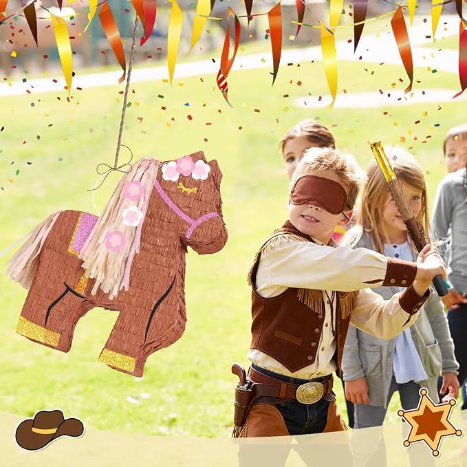 WERNNSAI Horse Piñata - Cowgirl Birthday Party Decorations Pink Brown Horse Piñata with Blindfold and Bat Western Cowgirl Party Favors for Kids Boys Classroom Activities Kentucky Derby Games