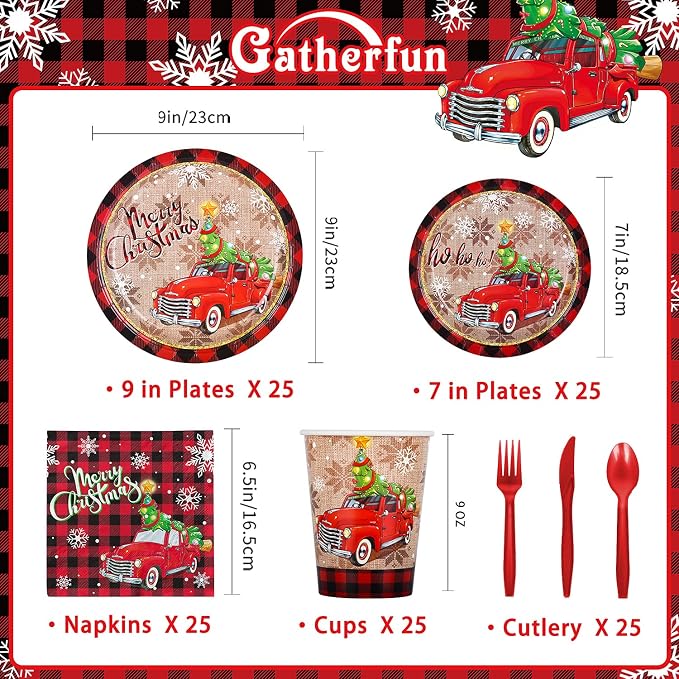 Christmas Party Supplies Disposable Paper Plates Napkins Cups Knives Spoons Forks Tablecloth for Merry Christmas Party Decorations，Serve 25