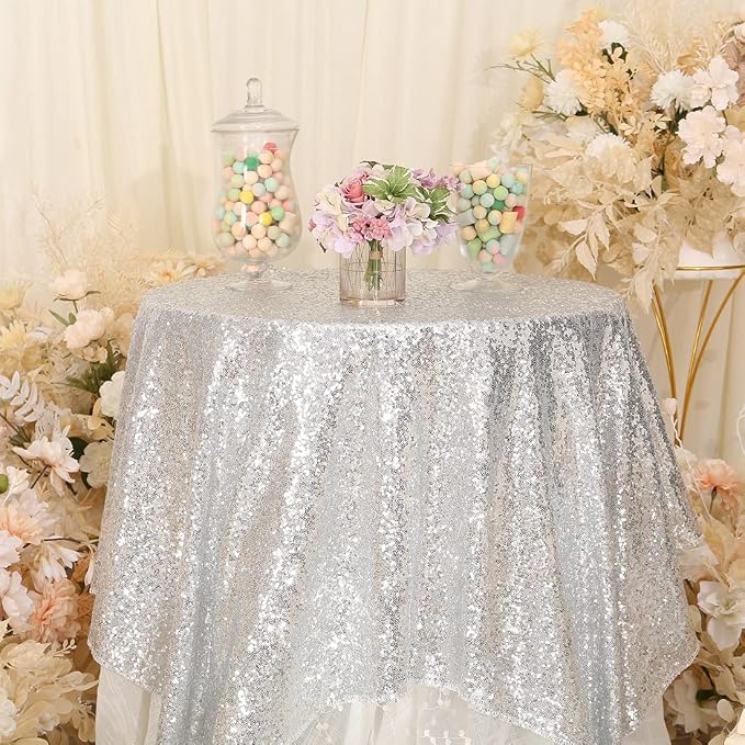 Eternal Beauty Silver Tablecloth, 50x50 Inch Sequin Square Glitter Table Cover for Cake Dessert Exhibition Party Birthday Events