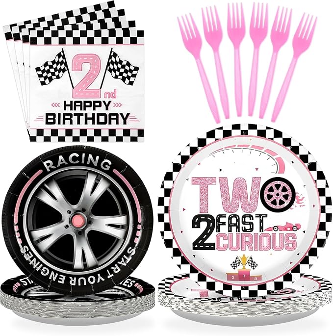 Grencian 96Pcs Two Fast Birthday Party Supplies Pink Race Car 2nd Party Plates and Napkins Checkered Flag Tableware for Kids Girls Racing Car 2 Year Old Birthday Decorations Serves 24