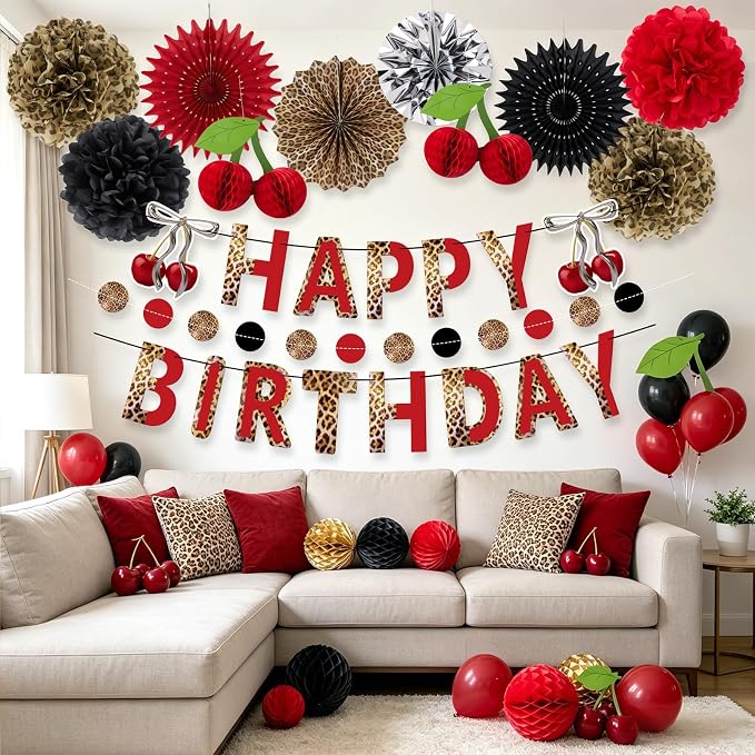 Cheetah Birthday Party Decorations Cherry Print Paper Fans Tissue Pom Pom Cherry Honeycomb Animal Print Birthday Banner Hanging Swirls Red Black Animal Print Party Decoration for Women Girls Birthday
