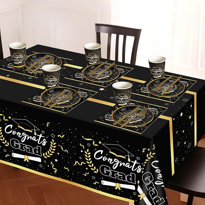 Graduation Decorations 2026 Graduation Party Decorations,147 PCS Disposable Graduation Grad Tableware,Black and Gold Graduation Tablecloth Knives Fork Plates Napkin Cups Graduation Party for 24 Guests