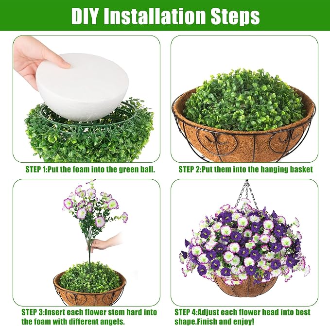 Artificial Flowers for Outdoors with Baskets Hanging Plant Faux Flowers UV Resistant Fake Silk Morning Glory with Eucalyptus for Planter Porch Garden Home Spring Summer Decoration(Gradient Purple)