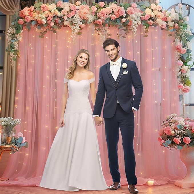 20x8ft Dusty Rose Tulle Backdrop Curtain with Lights String for Parites, Sheer Photo Backdrop Drapes with Lights for Wedding Backdrop Ceremony Reception Bridal Shower Baby Shower Birthday Party