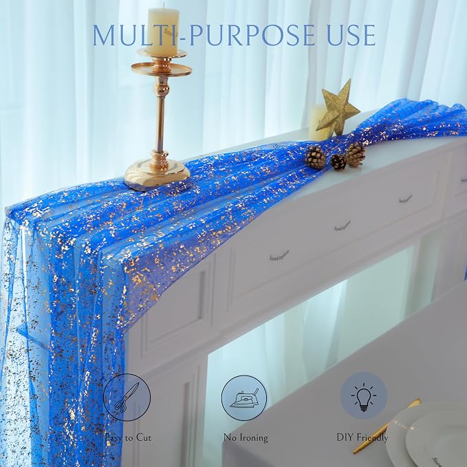 Snowkingdom Royal Blue Gold Table Runner 10 FT 120 Inch, Sparkle Sequin Glitter Metallic Foil Cheesecloth Sheer Gauze Chiffon Tulle Luxury Table Decorations for Wedding Party Birthday Graduation