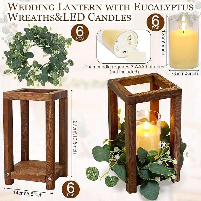 18 Pcs Wooden Lantern Centerpiece - Wedding Lantern with Eucalyptus Candles Wreaths LED Flameless Candles Rustic for Country Wedding Party Farmhouse Table Decor
