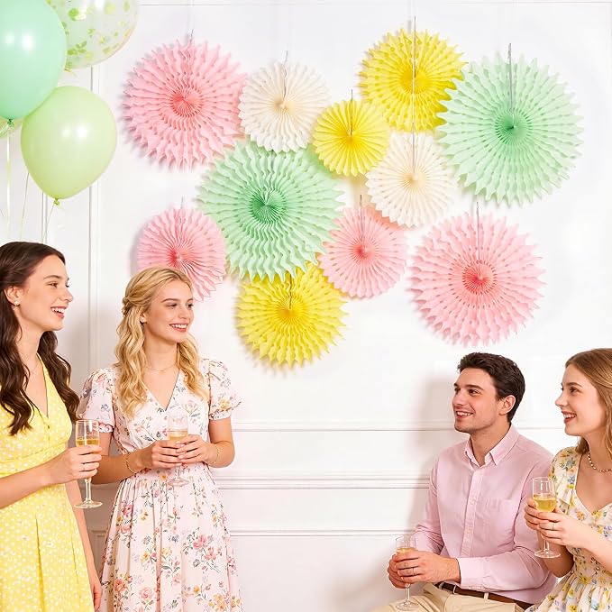 SUNBEAUTY 11Pcs Pastel Paper Fans Party Decorations for Wall, Yellow Pink Green Colorful Hanging Large Wall Fan Spring Summer for Birthday Party Bachelorette Anniversary Wedding Photo Booth Backdrop