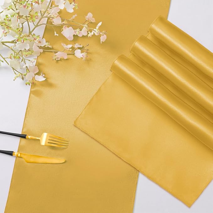 Horbaunal 2 Pack Yellow Gold Satin Table Runner 12 x 108 Inch, Smooth Table Runners for Wedding Banquets Birthday Party