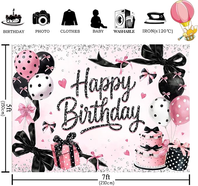 Black Pink Happy Birthday Backdrop 7Wx5H Feet Polyester Fabric Girly Bow Balloons Diamond Cake Elegant Decoration Sparkle Dot Pattern Luxury Photography Background Photo Shoot Props
