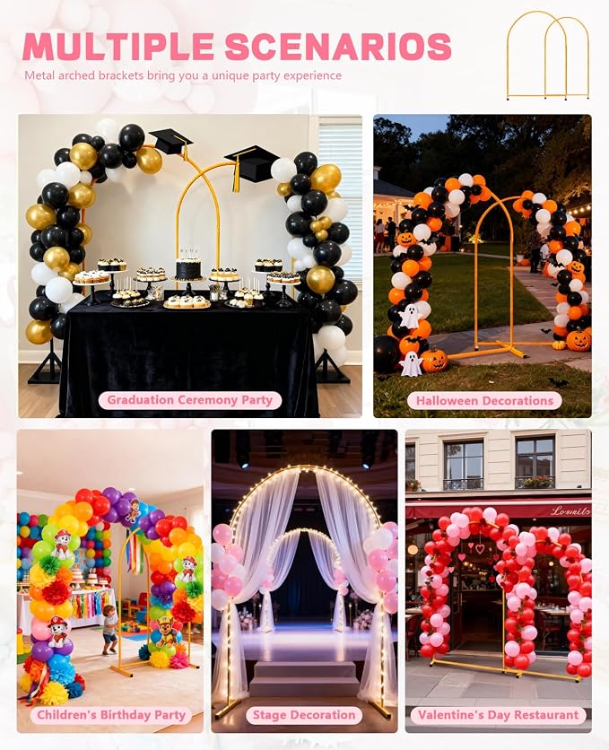 Metal Arch Backdrop Stand, 7.2FT+6FT Wedding Arch Frame, Gold Balloon Arch Backdrop Stand, 2 Pack Balloon Arch Stand for Wedding Birthday Party Baby Shower Graduation Decoration
