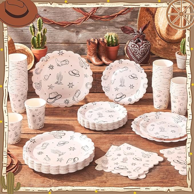 Domensi 250 Pcs Western Cowboy Party Decorations Cowboy Paper Plates Napkins and Cups Serve 50 Wild West Disposable Tableware Set for Rodeo Birthday Baby Shower Party Supplies Decoration