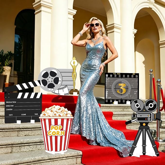 5 Pcs Large Movie Night Party Decorations, Classic Movie Cardboard Cutouts Standup, Popcorn Film Camera Clapperboard Lawn Yard Sign for Theater Theme Indoor Outdoor Birthday Photo Prop