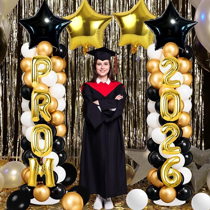 2 Sets Black Gold Balloon Column Stand Kit with Balloons Prom Send off 2026 Prom Themed Decoration Black Gold Balloon Tower Stand for Floor Grad School & College Celebration Party Supplies