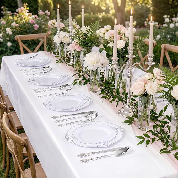 102PCS White and Silver Plastic Plates - Heavyweight Silver Plate - Wedding Plate with Silver Rim - Fancy Dinner & Dessert Plates for 51 Guests Weddings & Parties