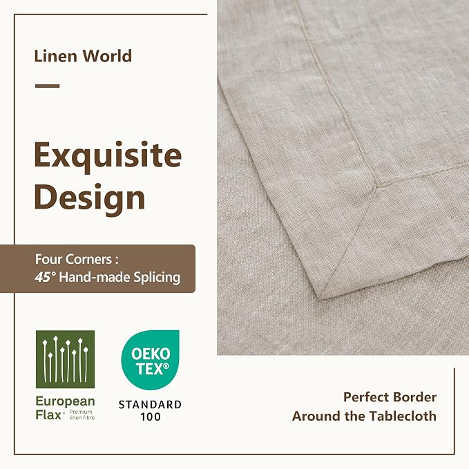 Linen World Linen Tablecloth,100% French Linen Natural Tablecloth 132" x 90" Inch,Washable Rectangular Tablecloth for Dining,Outdoor,Weddings and Restaurants,Decorative Thanksgiving Christmas