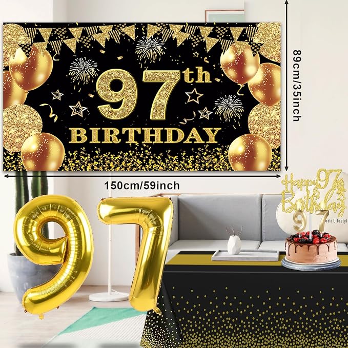 97th Birthday Decorations Men Women with 97th Birthday Banner, Black and Gold Table Cloth, Number Balloons, Large Sash, Cake Topper and Candles