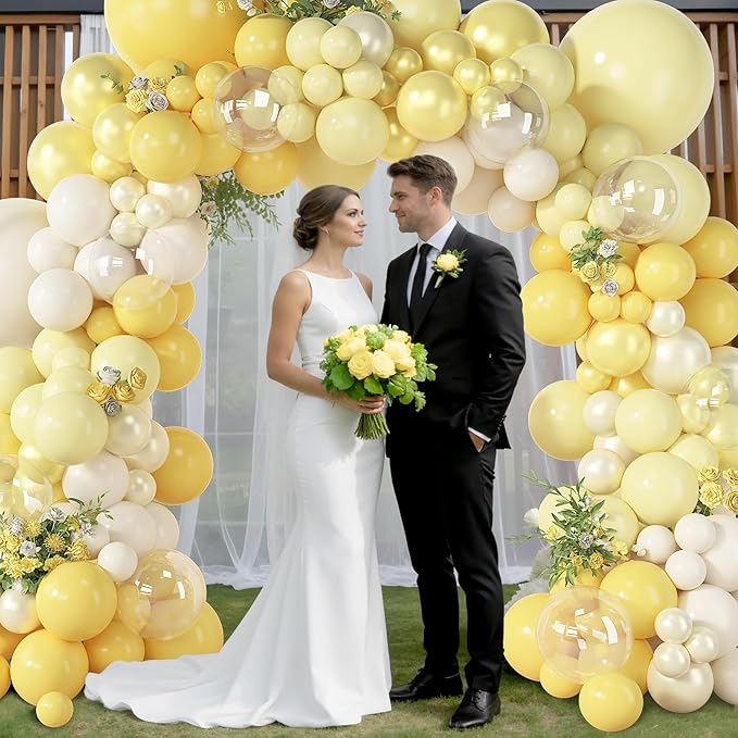 Amandir 173 Pcs Yellow Balloon Arch Kit, Double Stuffed Pastel Light Yellow Pearl White Sand Clear Balloons for Bee Lemon Wedding Bridal Shower Engagement Anniversary Birthday Party Decorations