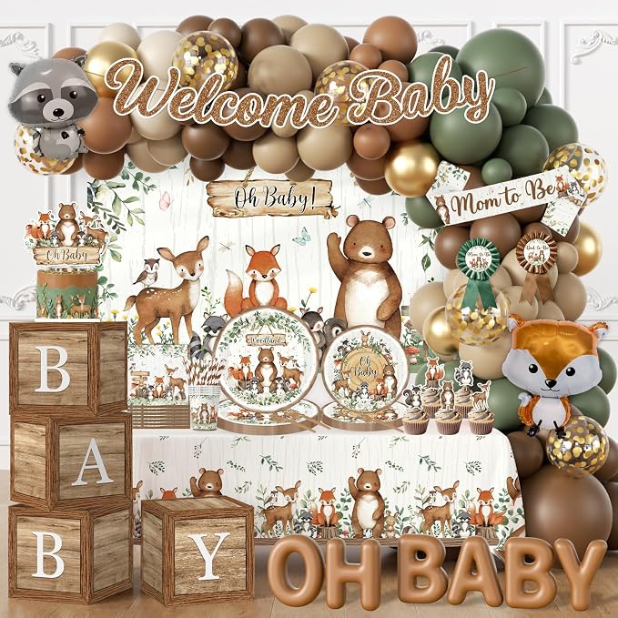 Woodland Baby Shower Decorations,273pcs Woodland Animals Baby Shower Decorations With Plates and Napkins Cups Tablecloth Backdrop Balloon Arch Cake Toppers for Woodland Creatures Baby Shower Supplies