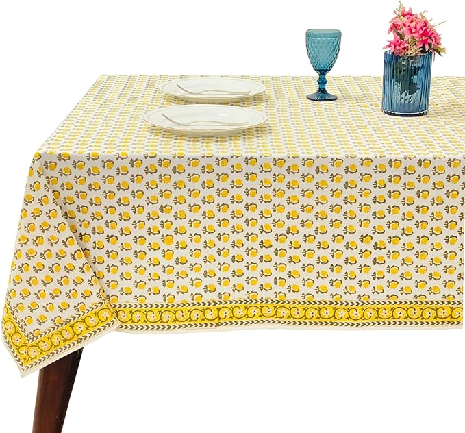 Ridhi Hand Block Print Vintage Yellow Rectangle Cotton Tablecloth 102" x 48" Reusable Table Cover Decorative Everyday Use for Dining, Farmhouse, Home Gift for Spring, Easter, Valentine