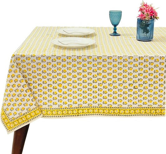 Ridhi Hand Block Print Vintage Yellow Rectangle Cotton Tablecloth 102" x 48" Reusable Table Cover Decorative Everyday Use for Dining, Farmhouse, Home Gift for Spring, Easter, Valentine