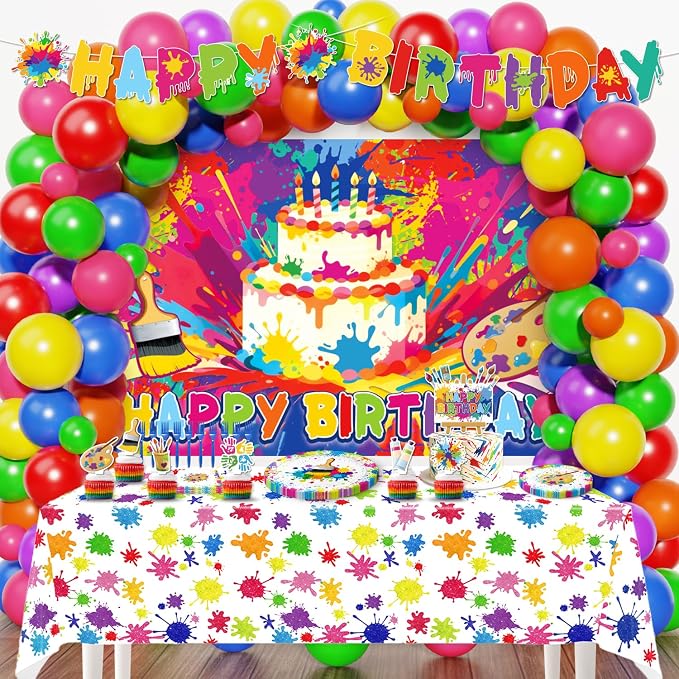 Paint Party Decorations, Art Party Decorations with Balloon Arch Kit, Banner, Backdrop, Tablecloth, Plates, Napkins, Forks, Cake Topper, Cupcake Toppers