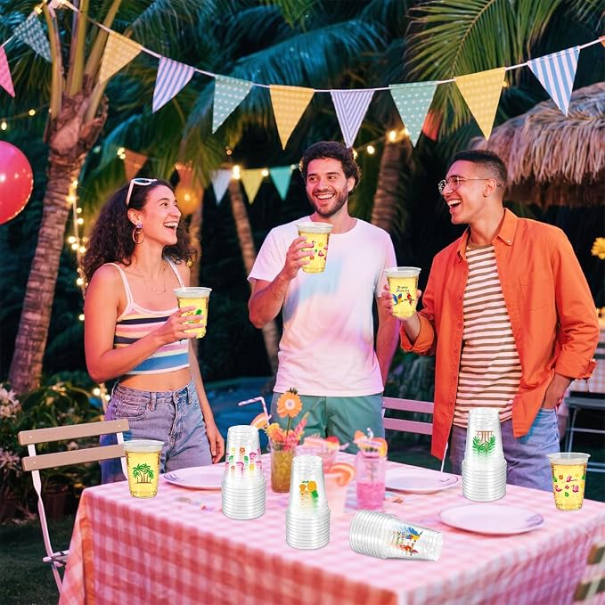 50Pcs Luau Party Decoration Cups 16 OZ Disposable Plastic Drinking Cups with Pineapple Flamingo, Summer Cup for Hawaiian Tropical Aloha Pool Beach Birthday Party Decor Supplies