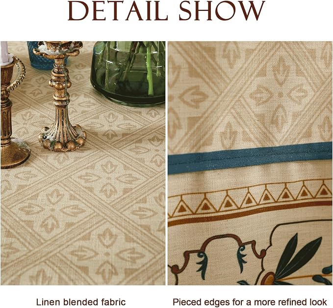 patdrea Designer French Linen Tablecloth,Rectangular,87"x55"-Fram | Elegant Durable Table Cloth for Rectangle Table,Vintage Block Print,for Dining Room Tea Party Thanksgiving,Beige