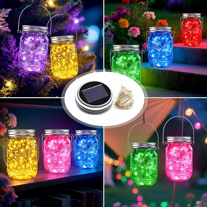 Mason Jar Solar Lights for Outside, 12 Pack 30LED Fairy Firefly Lights Mason Jar Solar Lids Outdoor Waterproof String Lights with Hangers(NO Jars) for Patio Garden Yard Lawn Decor(6 Colors)