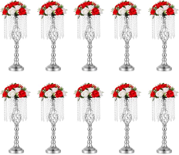 Sliver Vases Centerpieces for Weeding: 19.3" Tall Flower Stand with Crystal Patent for Table Center Piece Party Event Set of 10