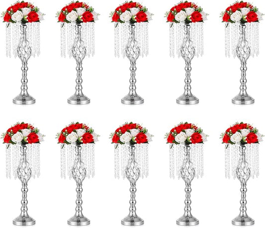 Sliver Vases Centerpieces for Weeding: 19.3" Tall Flower Stand with Crystal Patent for Table Center Piece Party Event Set of 10