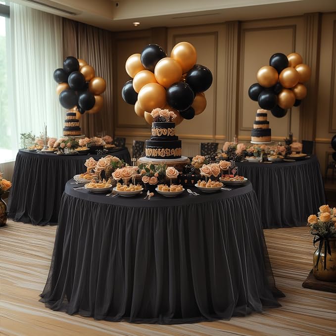 HB HBB MAGIC Black Round Tablecloths 60 inch Stretchy Elastic Fitted Round Table Cloths Round Cover 120 inch, Black Round Tulle Tablecloth Tulle Table Cloth with Skirt for Wedding Birthday Party