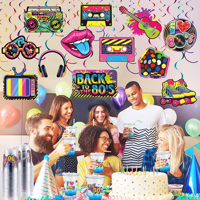 FoldTier 50 Pcs 90s Cups 12 oz Plastic Throwback Dance Glasses Clear Retro Music Disposable Glasses Hip Hop Drinking Cups for Home Retro Hip Hoptheme Party Favors Supplies Decoration (90s)