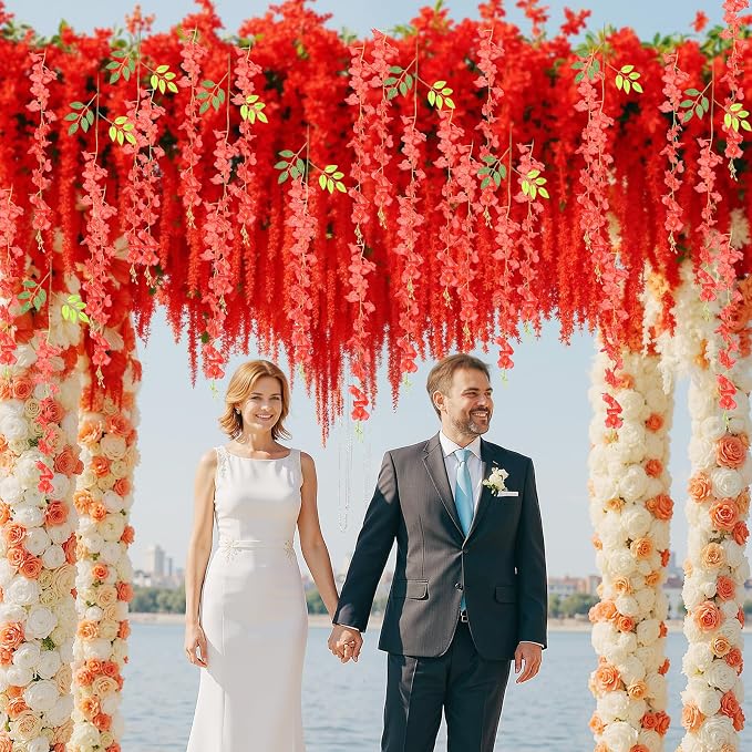 24Pcs Artificial Wisteria Hanging Flowers, 3.6Ft/Pcs Red Fake Wisteria Garland for Wedding Party Home Garden Indoor Outdoor Decoration