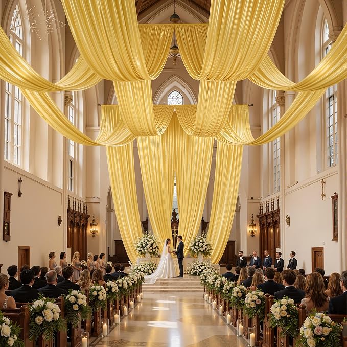 2 Panels 5x40ft Gold Ceiling Drapes for Wedding Parties, Wrinkle Free Thick Polyester 40ft Extra Long Wedding Draping Arch Drapery for Birthday Party Canopy Tent Decor
