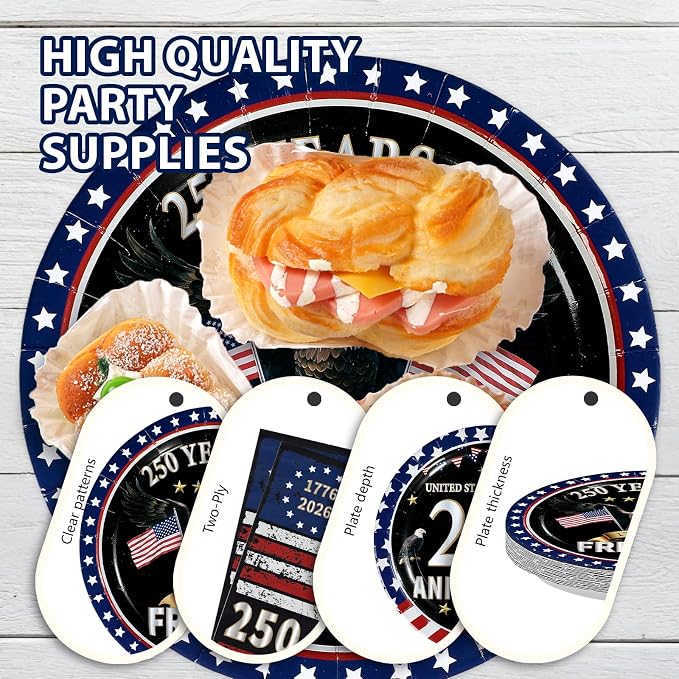 96 Pcs 250 Anniversary USA Party Decorations Patriotic Red and Blue America Flag Plates and Napkins Disposable 4th of July Tableware for USA 250th Patriotic Independence Day Party Supplies Serves 24