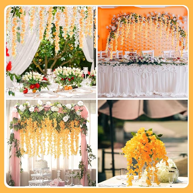 5 Pack Orange Wisteria Hanging Flowers Garland, 3.77 Feet Artificial Flower Vines, Fake Wisteria, Artificial Vines Hanging Garland for Backdrop Outdoor Yard Garden Decor