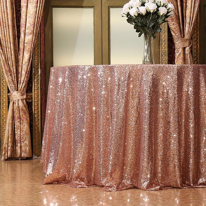 Juya Delight 90'' Round Rose Gold Sequin Tablecloth for Wedding Birthday Party Festival Ceremony Dessert Table