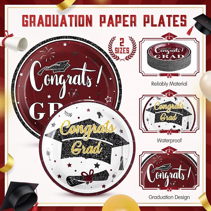Domensi 400 Pcs 2026 Graduation Decorations Plates and Napkins and Cups Set Serve 50, Maroon and Gold Graduation Party Supplies, Class of 2026 Paper Tableware 9oz Cup Knife Fork Spoon Congrats Grad
