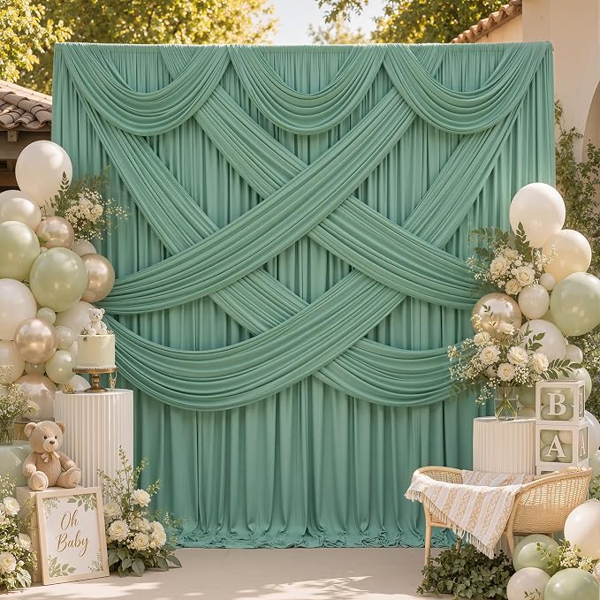 20ftx12ft Wrinkle Free Sage Green Backdrop Curtain Photo Backdrop Drapes | 4 Panels 5×12ft Height Sage Silky Polyester Fabric Back Drop Cloth for Wedding Party Birthday Photography Background Drape