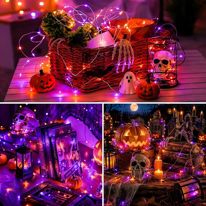 QITONG Orange and Purple Fairy Lights Battery Operated, 4 Pack Each 16ft 50 LED Halloween Lights Outdoor Waterproof, Silver Wire Christmas Twinkle Mini String Lights Indoor