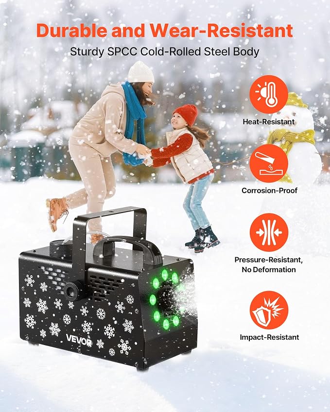 VEVOR 900W Snow Machine with 9 LED RGB Lights, 12 LED Lighting Colors, and Wireless Remote, Handheld/Hanging Outdoor Snowflake Machine Fake Snow Machines with 1L Tank for Christmas Party