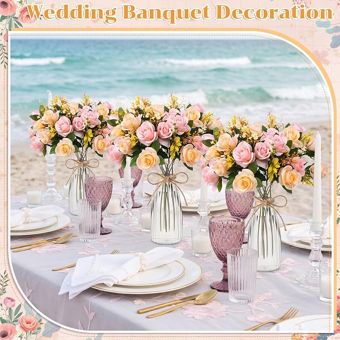 Zeyune 31 Pcs Rose Artificial Flowers with Vase Bulk for Table Centerpiece, 20 Bundles Fake Silk Roses 10 Plastic Clear Vase with 1 Pcs Rope Arrangement Decoration Wedding Home Party(Champagne,Pink)