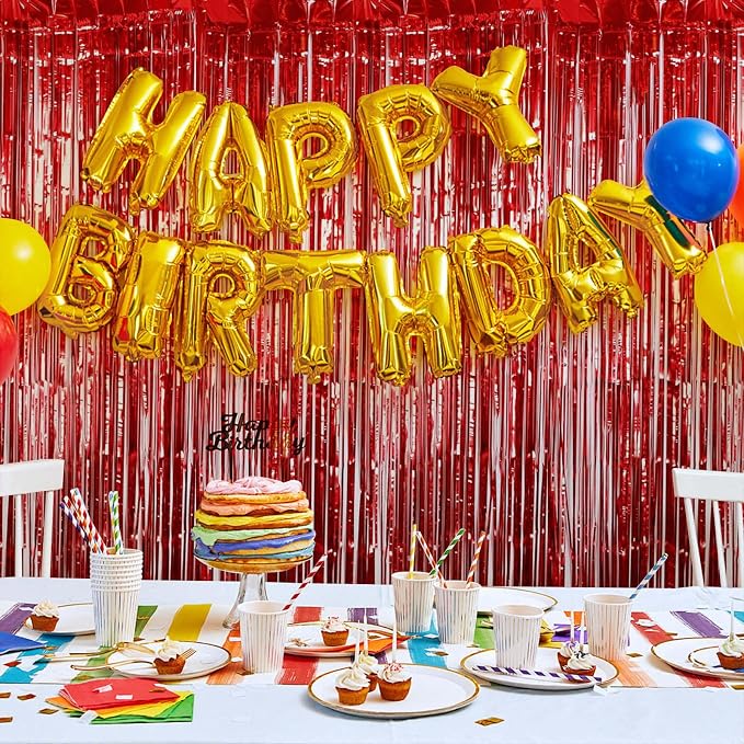 100 Pack Red Foil Fringe Backdrop Curtains 3.2ft x 8.2ft Tinsel Foil Fringe Curtains for Birthday Party Decorations Photo Booth Backdrop for Halloween Christmas New Year Holiday Decorations