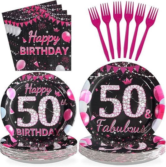 96Pcs 50th Birthday Party Supplies Black and Hot Pink Plates Forks and Napkins Sweet Theme Disposable Paper Tableware Set for Women 50 Year Old Birthday Party Supplies Serves 24